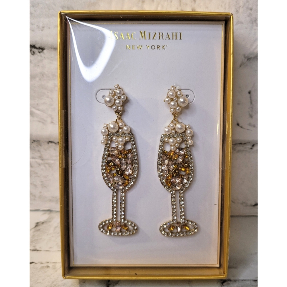 Champagne Glass Crystal Dangle Faux Pearl Sparkle Jewels Celebration Earrings